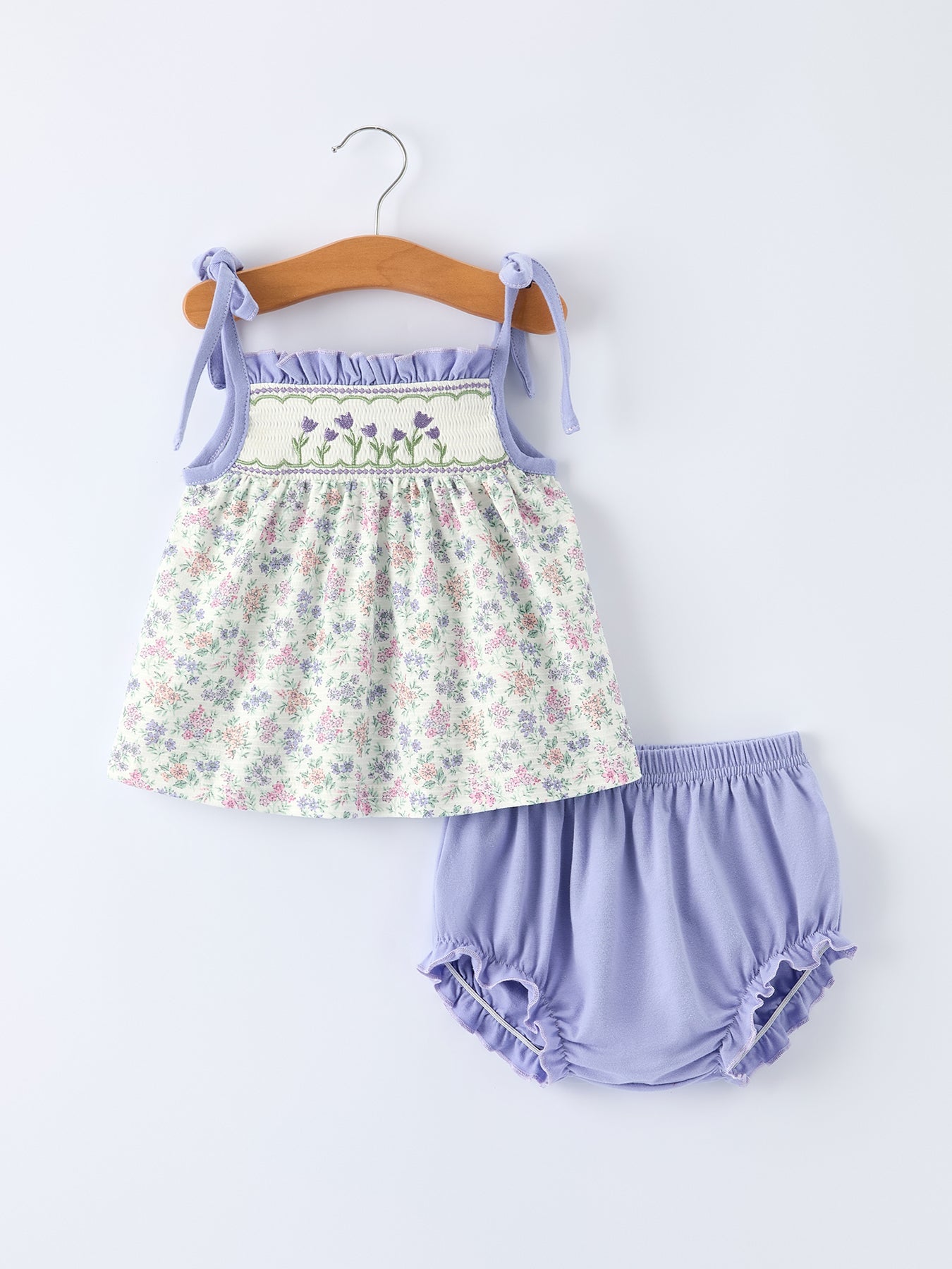 Purple Floral Smocked Embroidery Baby Girls Bloomers Set