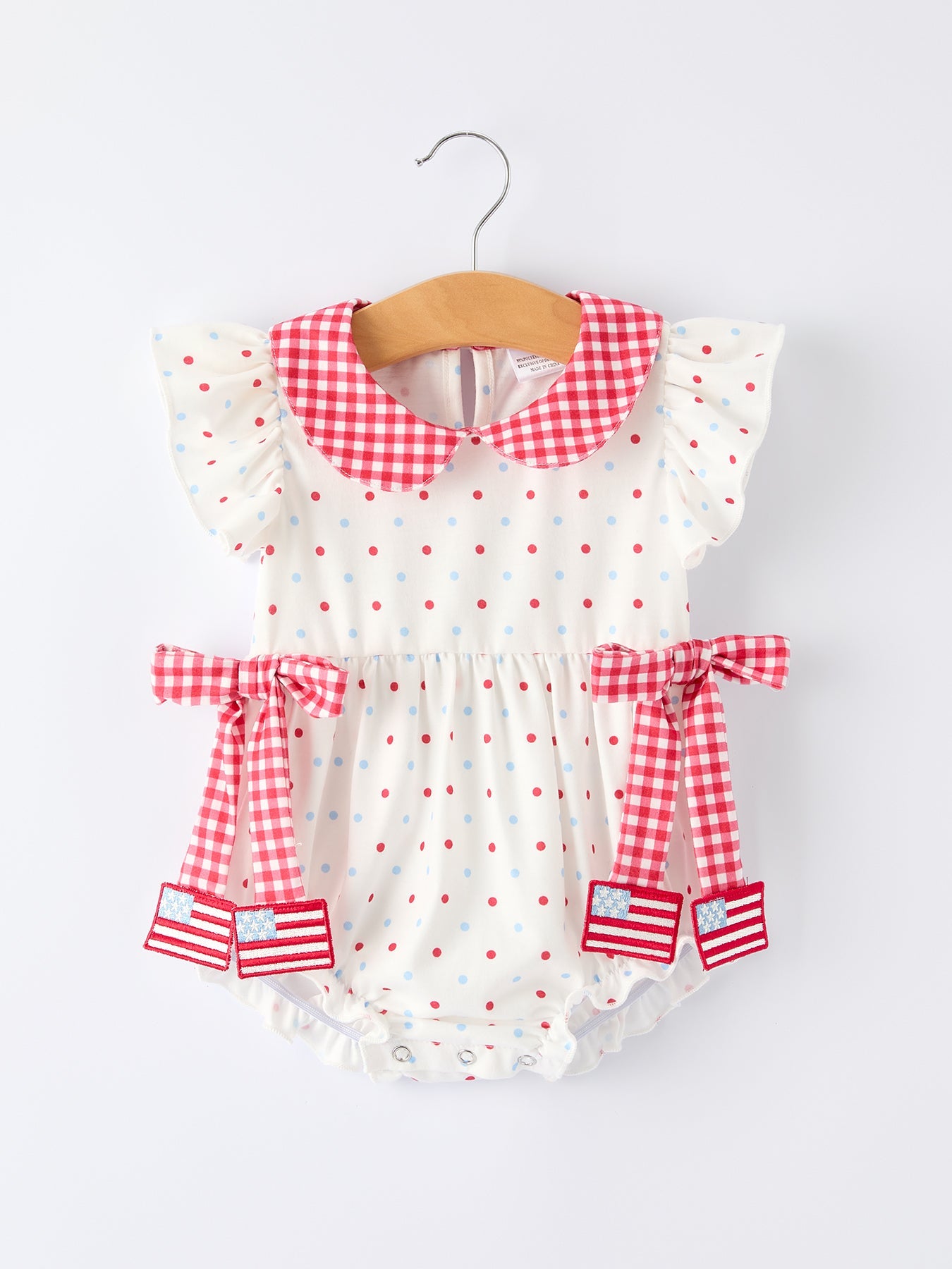 4th of July Dot Girls Romper Bow Ruffle Peter Pan Collar
