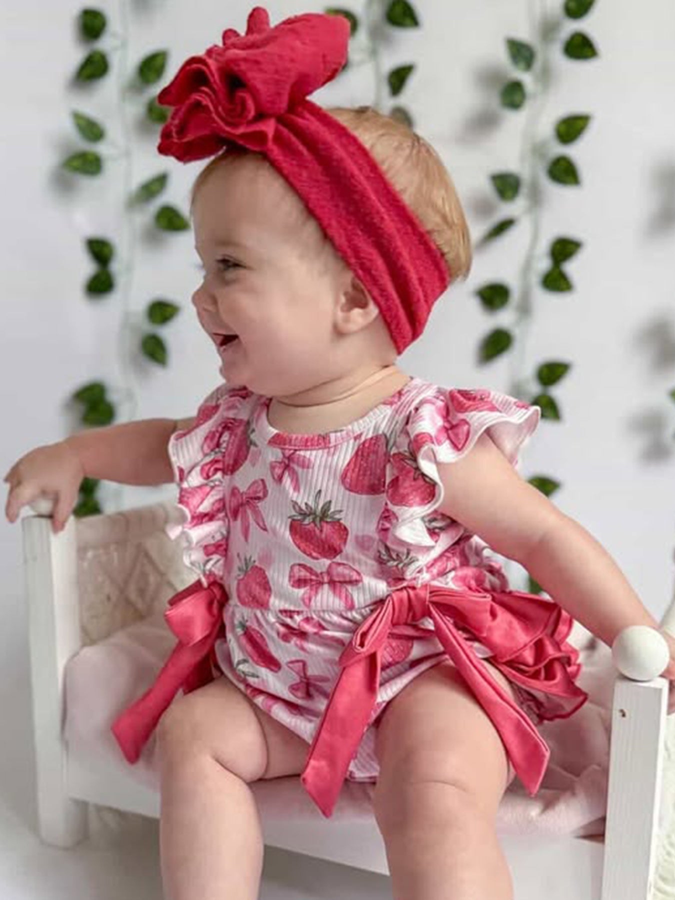 Summer Strawberry Bow Baby Girl Romper