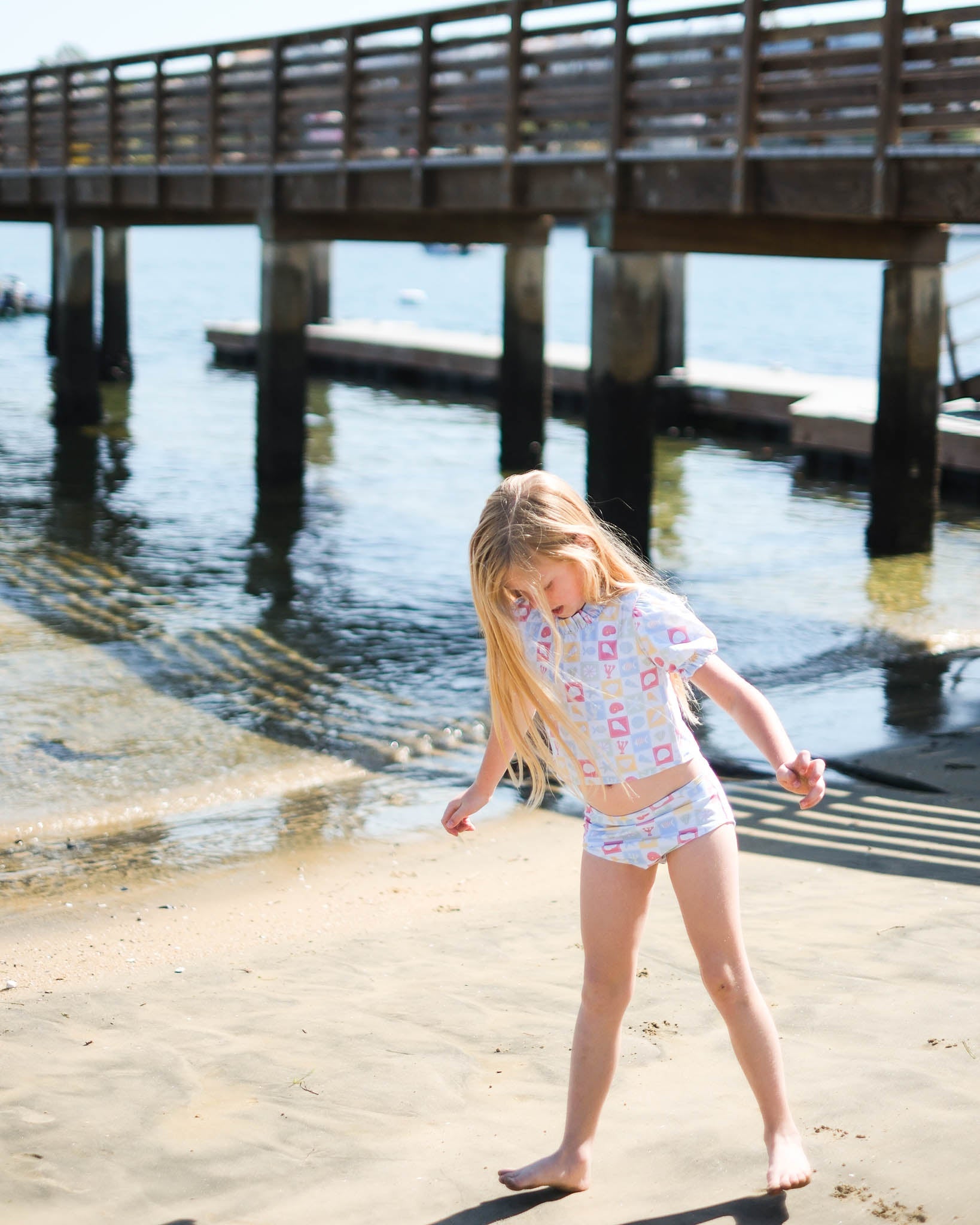 Coastal Stamps in Pastel Puff Sleeve Tankini- FINAL SALE