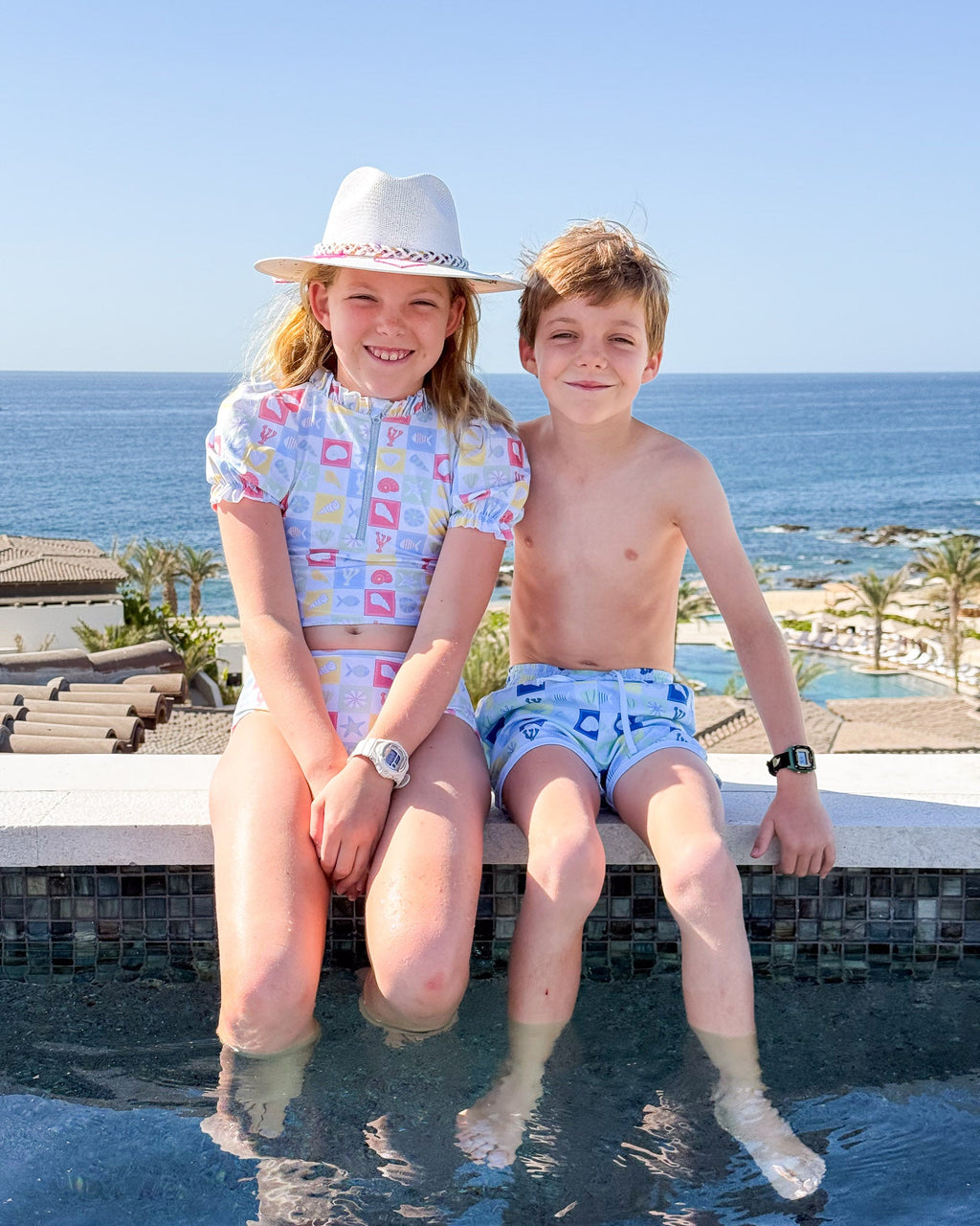 Coastal Stamps in Pastel Puff Sleeve Tankini- FINAL SALE