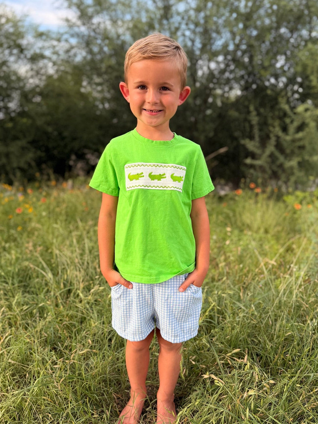 Toddler Boys Summer Crocodile Embroidered Plaid Shorts Set