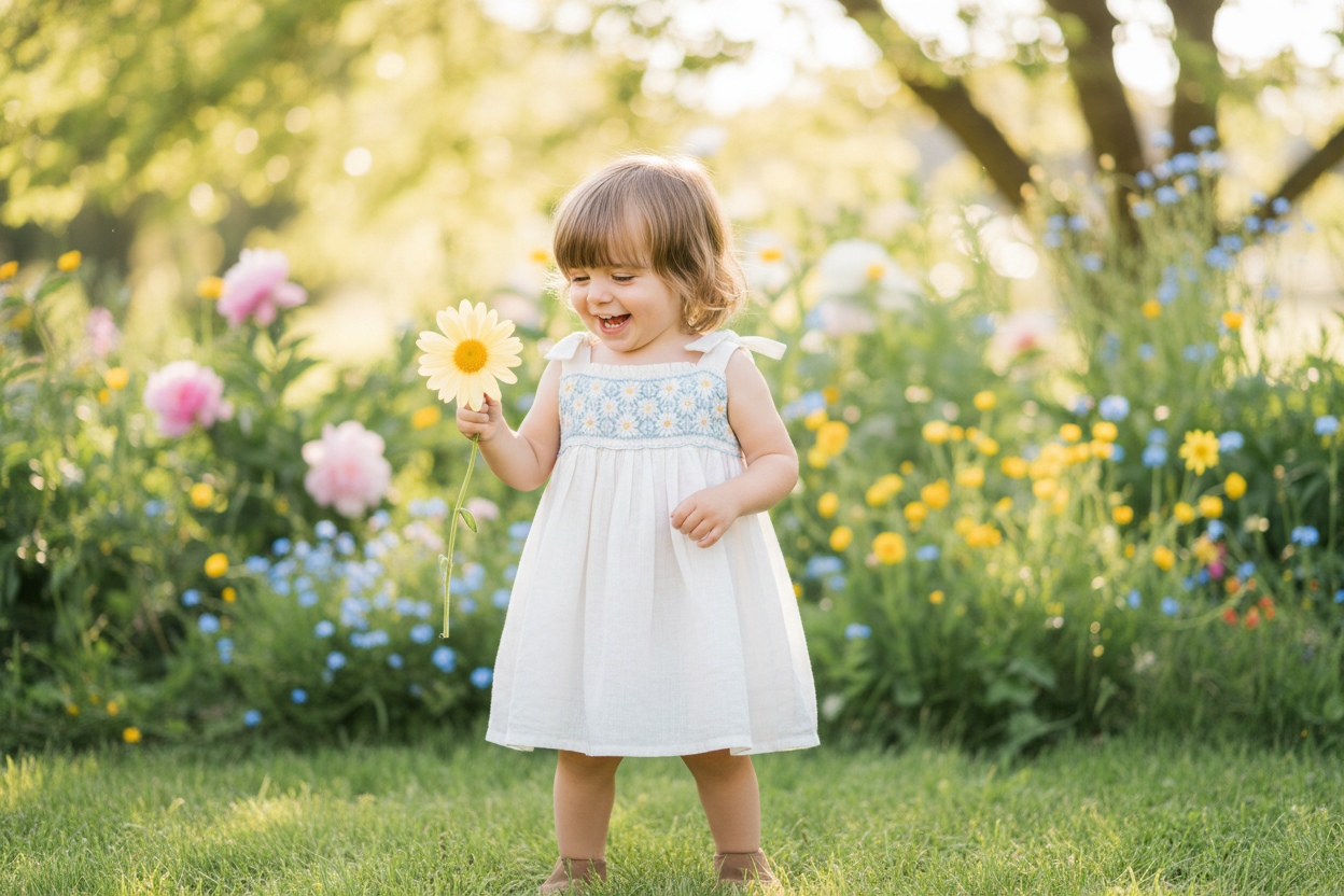 Toddler girl in smocked daisy dress
